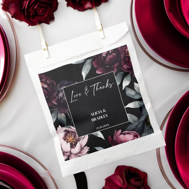 Dunkelweinige Blume Geschenktütchen (Dark moody burgundy flowers elegant wedding favor bag black themed wedding favor bag template)