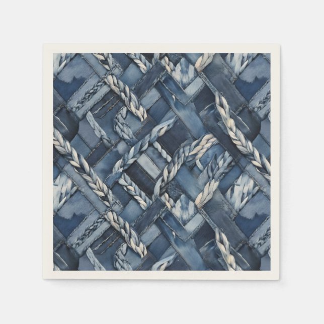 Dunkle, abgenutzte Denim-Patchwork- und Zopf-Optik Serviette (Vorderseite)