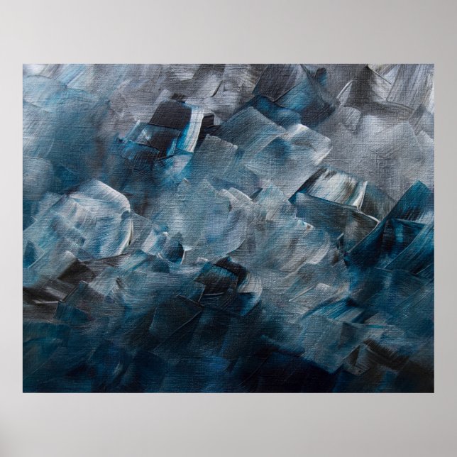 Dunkle Abstrakte Pinselstriche in Blau und Grau Poster (Vorne)