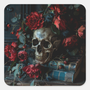 Dunkle Academia Skull-Blume Quadratischer Aufkleber