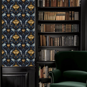 Dunkle Akademie Grau-Blau und Gold Vintage-Blumenm Tapete