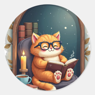 Dunkle Akademie-Katz-Leseecke Vintage-Bücher Kaffe Runder Aufkleber