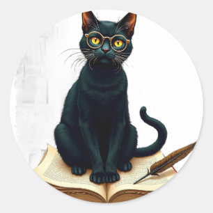 Dunkle Akademie-Katze-Lesebrille-Lederbuch Qui Runder Aufkleber