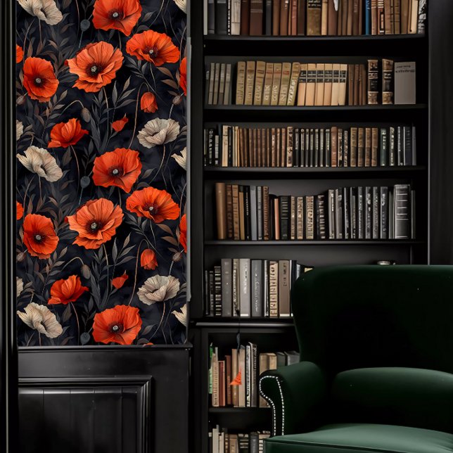 Dunkle Akademie Orange Poppies auf dunklem Hinterg Tapete (Dark Academia Orange Poppies on Dark Background Wallpaper in a library.)