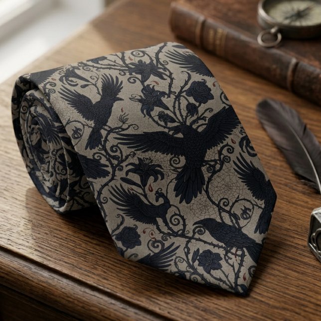 Dunkle Akademie Rabe Floral Vogel Liebhaber Gesche Krawatte (Whimsigoth raven necktie)
