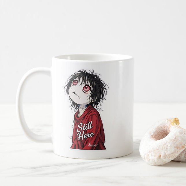 Dunkle Anime "Still Here" Ästhetik Gothic Illustra Kaffeetasse (Mit Donut)
