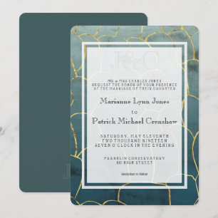 Dunkle Aquamarin-Goldadern Moderne Hochzeit Einladung