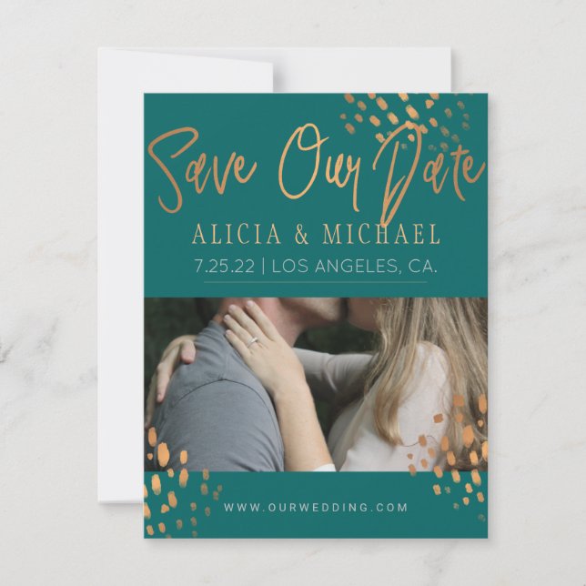 Dunkle Aquamarine FOTO Imitate Rose Gold Foil Typo Save The Date (Vorderseite)