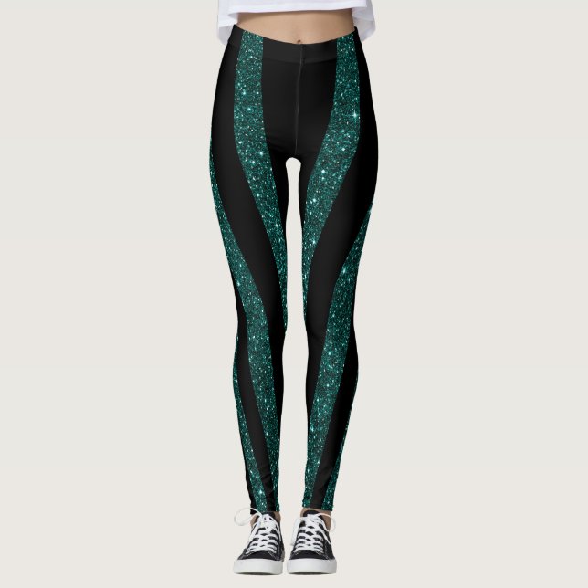 Dunkle Aquamarine Glitzer Schwarze Streifen Leggings (Vorderseite)