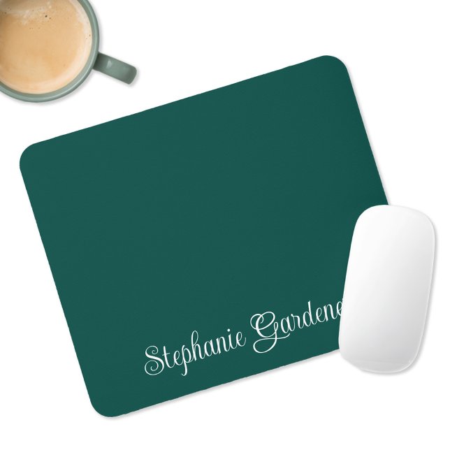 Dunkle Aquamarine grüne und weiße Curly-Kalligrafi Mousepad (Personalized Dark Teal Modern Mousepad)