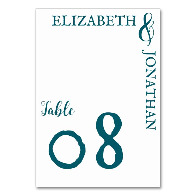 Dunkle Aquamarine moderne Typografie Hochzeit Tischnummer (Vorderseite)