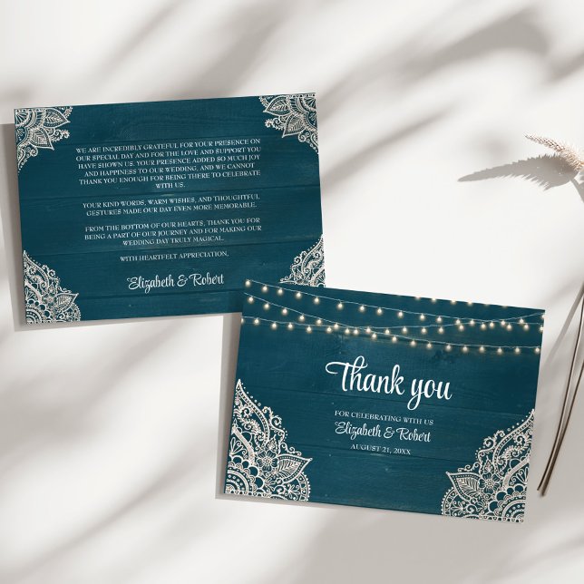 Dunkle Aquamarine Rustikale Hochzeit Dankeskarte (Dark Teal Rustic Elegance Wedding Thank You Card on a sunny white table.)