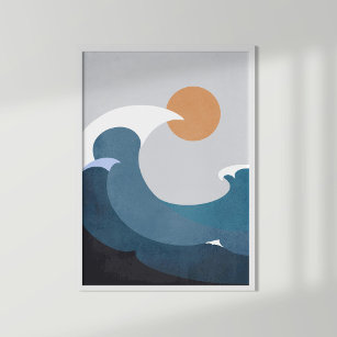 Dunkle Aquamarine Terracotta Abstrakt Ocean Waves Poster