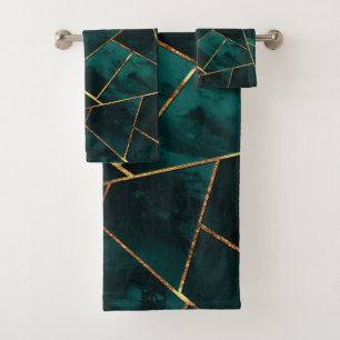 Dunkle Aquamarine Tinte Kupfer Gold Geometric Glam Badhandtuch Set