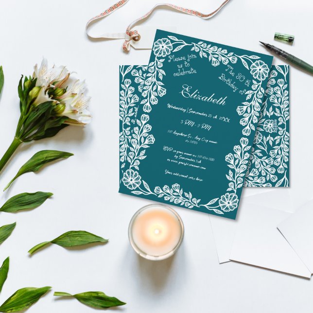 Dunkle Aquamarine und weiße botanische Flora 30. G Einladung (Von Creator hochgeladen)