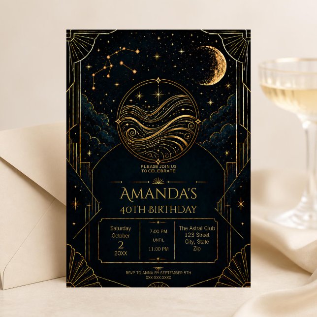 Dunkle Aquarius 40. Geburtstagseinladung | Mittern Einladung (Dark Art Deco Aquarius zodiac 40th birthday invitation featuring celestial details, vintage-inspired)