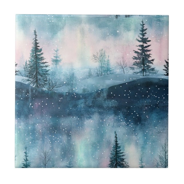Dunkle Aurora Borealis Nacht Wald (1) Fliese (Vorderseite)