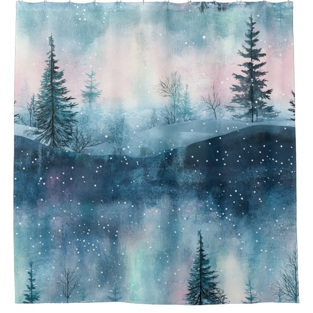 Dunkle Aurora Borealis Nacht Wald Duschvorhang (Vorderseite)