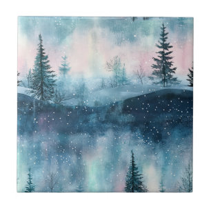 Dunkle Aurora Borealis Nacht Wald Fliese
