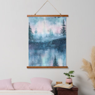 Dunkle Aurora Borealis Nacht Wald Wandteppich Mit Holzrahmen