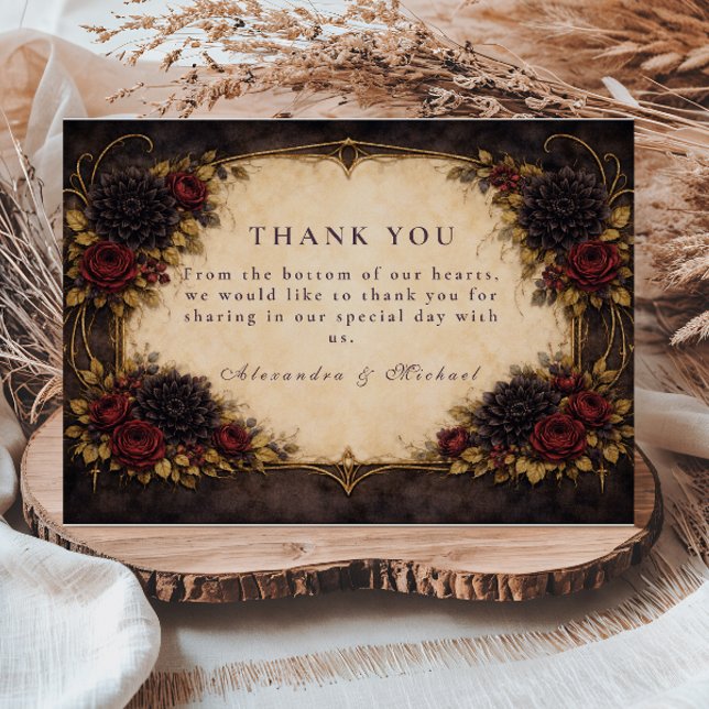 Dunkle Barockrote Florale Hochzeit Dankeskarte (Von Creator hochgeladen)