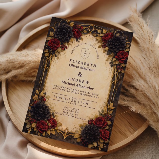 Dunkle Barockrote Florale Hochzeit Einladung (Von Creator hochgeladen)