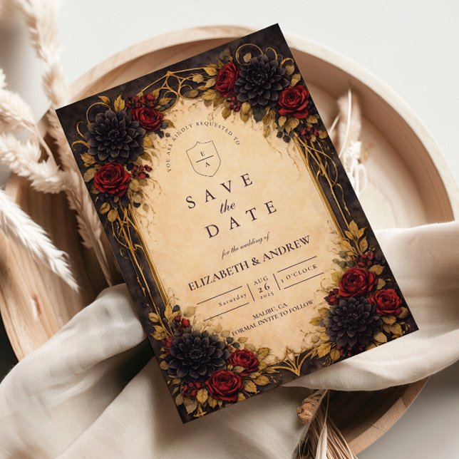 Dunkle Barockrote Florale Hochzeit Save The Date (Von Creator hochgeladen)