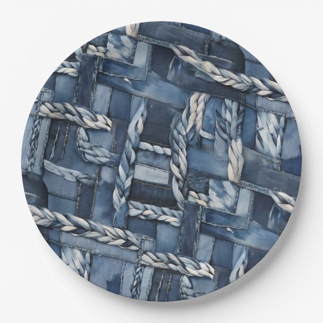 Dunkle bedrängte Denim-Patchwork- und Flechtarbeit Pappteller (Vorderseite)