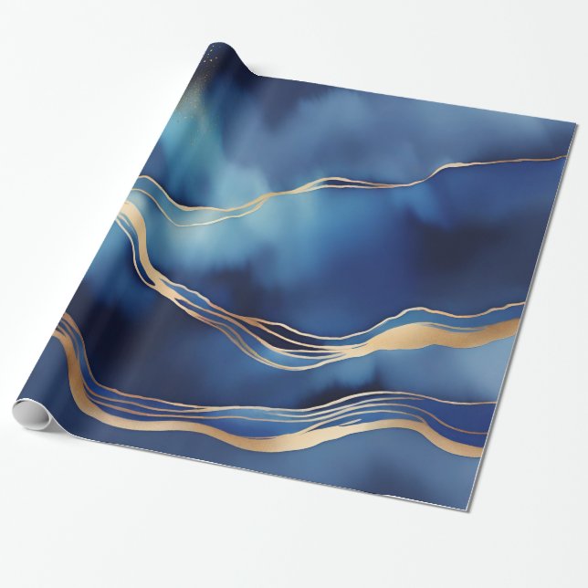 Dunkle blaue Gold-Metallic-Marmorstein Geschenkpapier (Ungerollt)