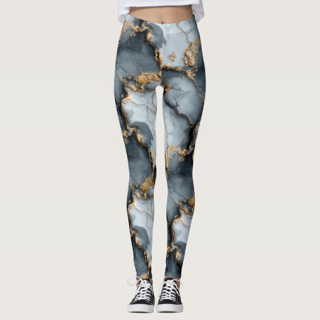 Dunkle Blaue Marmorstruktur mit flüssigen Goldader Leggings (Vorderseite)