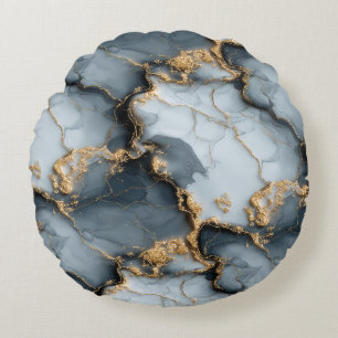 Dunkle Blaue Marmorstruktur mit flüssigen Goldader Rundes Kissen