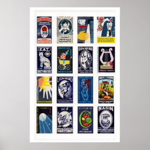 Dunkle Blaue Streichholzschachtel-Etiketten-Collag Poster