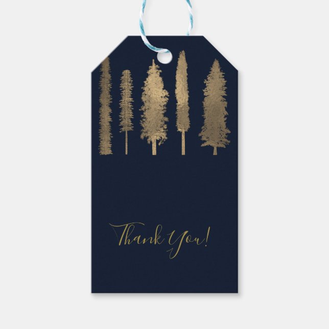 Dunkle blaue und goldfarbene Waldbaumen Rustikale  Geschenkanhänger (Vorderseite)