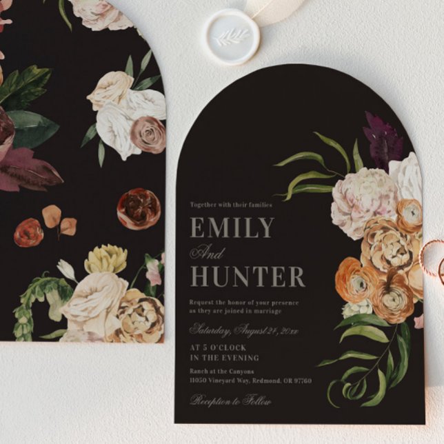 Dunkle Blumenbogen-Foto-Hochzeitseinladung Einladung (Von Creator hochgeladen)