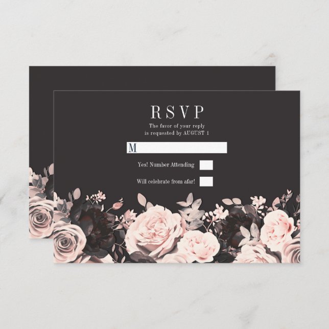 Dunkle Blütenfarbe Rosa Holzkohle Schwarze Hochzei Einladung (Vorne/Hinten)