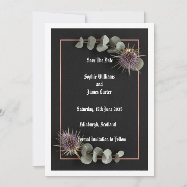 Dunkle Botanische Distel Eukalyptus Hochzeit Termi Save The Date (Vorderseite)