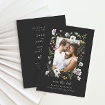 Dunkle botanische Wildblumen | Foto- und QR-Code Save The Date<br><div class="desc">Diese skurrile Hochzeit speichern die Dattelkarten mit einem Rahmen von illustrierten, bunten rosa, orangefarbenen, lila-weiß Wildblumen und grünen Blätter umgeben Ihr persönliches Foto, auf einem dunkelkohlegrauen / schwarzen Hintergrund. Die Rückseite der Karte bietet Platz für weitere Informationen über Ihre Hochzeit, sowie einen scannbaren QR-Code, um Gäste direkt auf Ihre Hochzeitswebsite...</div>