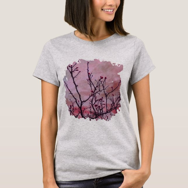 Dunkle Branchen mit roten Buds T-Shirt (Vorderseite)