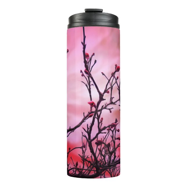 Dunkle Branchen roten Buds und fiery Sky Thermosbecher (Vorderseite)