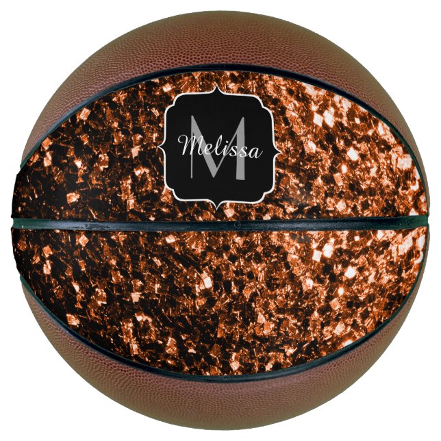 Dunkle Bronze-Imitate Glitzer Funkeln Monogramm-Na Basketball (Vorderseite)
