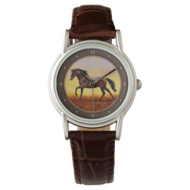 Dunkle Bucht Running Horse Taupe Armbanduhr (Vorderseite)