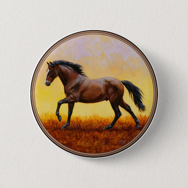 Dunkle Bucht Stallion Pferde Galopp Button (Vorderseite)
