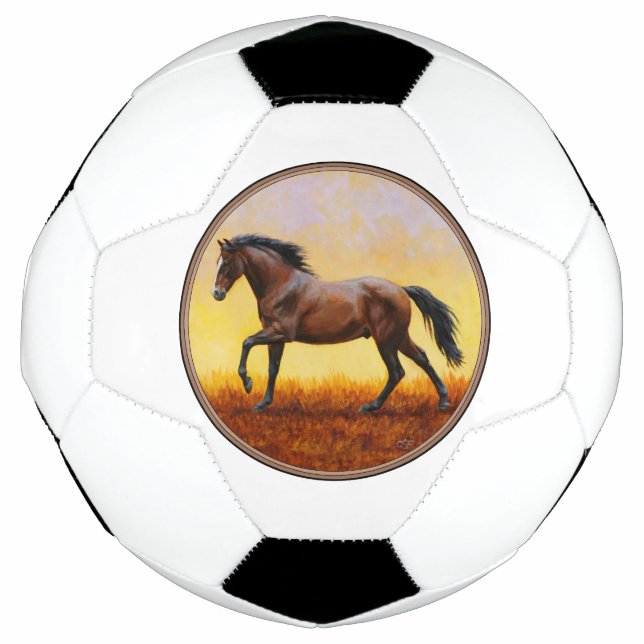 Dunkle Bucht Stallion Pferde Galopp Fußball (Vorderseite)