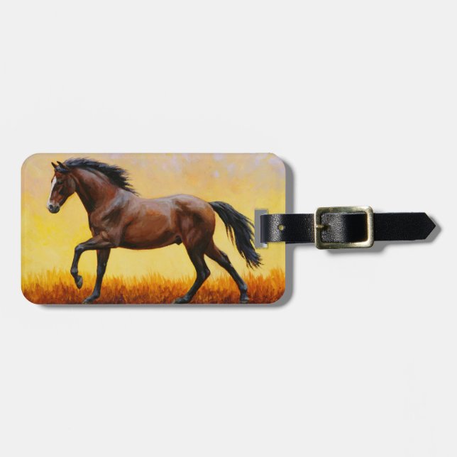 Dunkle Bucht Stallion Pferde Galopp Gepäckanhänger (Vorderseite horizontal)