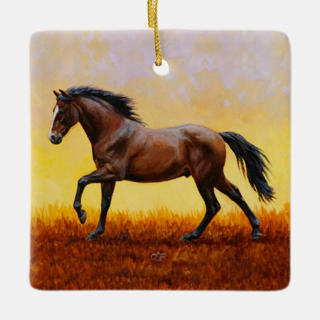 Dunkle Bucht Stallion Pferde Galopp Keramikornament (Vorderseite)
