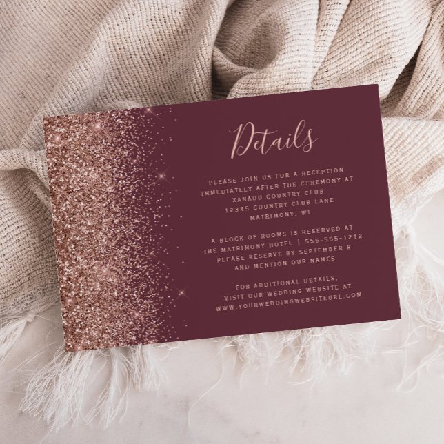 Dunkle Burgund Rose Gold Glitzer Hochzeitdetails Begleitkarte (Von Creator hochgeladen)