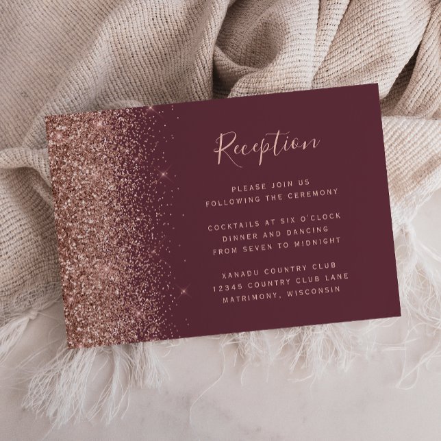 Dunkle Burgund Rose Gold Glitzer Hochzeitsempfang Begleitkarte (Von Creator hochgeladen)