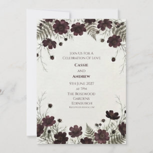 Dunkle Burgunder-Kosmos-Farn-Blumenhochzeit Einladung