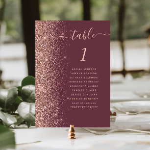 Dunkle Burgunder-Roségold-Glitter-Hochzeit Tischnummer