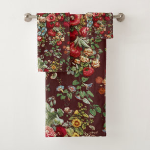 Dunkle Burgunderrote Viktorianische Rosen-Blumenba Badhandtuch Set